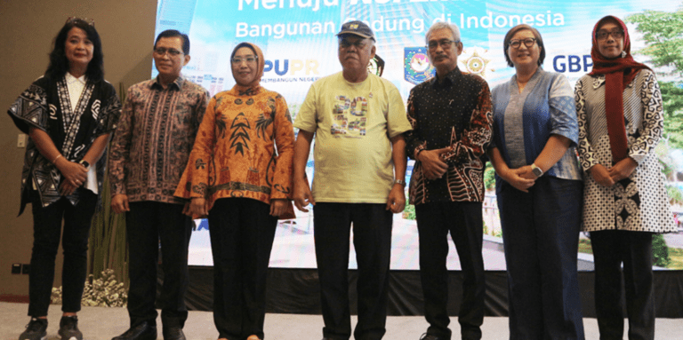 Shows GBPN Indonesia Country Manager Sandra Pranoto with Government officials at the launch of the National Roadmap for Green Building Implementation.